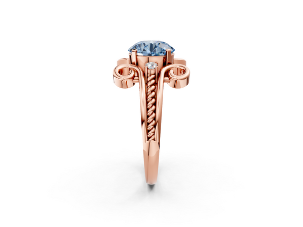 Rose gold Fancy Blue Round  Solitaire Twisted Band Scroll Prong Ring