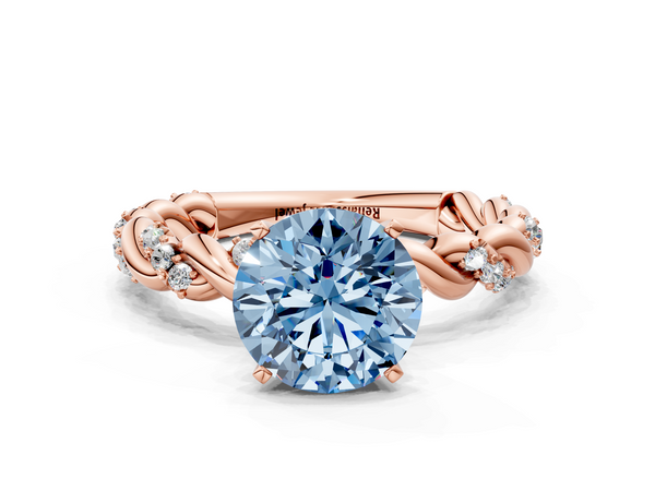 Rose gold Fancy Blue Round Cut Diamond Solitaire Ring with Twisted Band and Pavé Accents