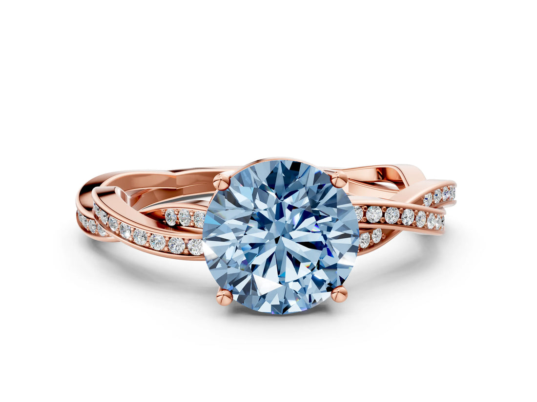 Rose gold Fancy Blue Round  Solitaire Twisted Pave Diamond Ring with Four-Prong Setting_12