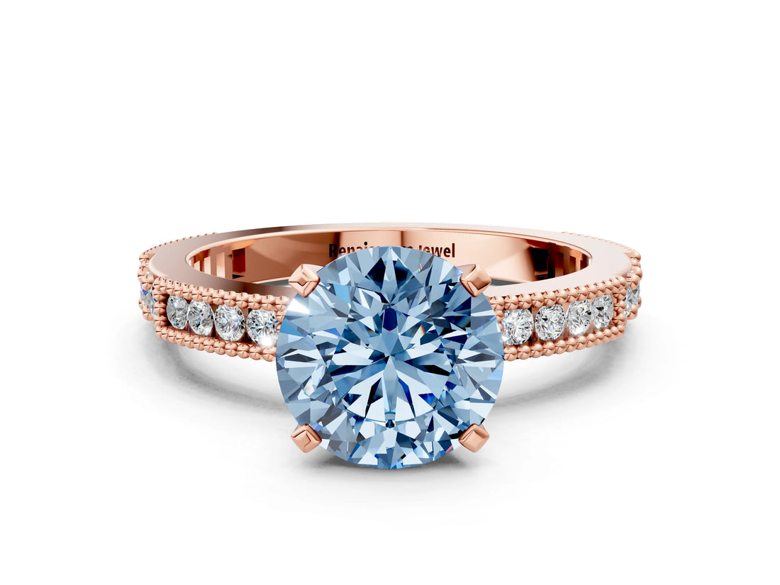 Rose gold Fancy Blue Round  Solitaire with Pavé Band and Four-Prong Setting_296