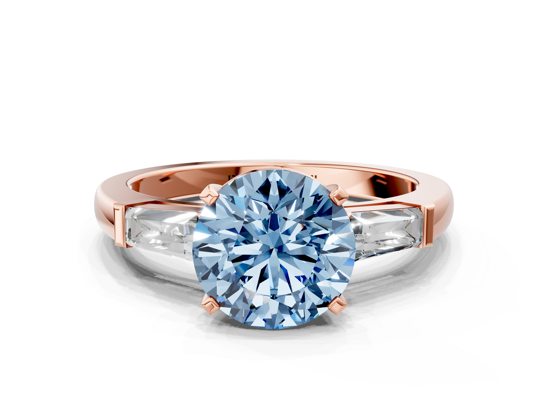 Rose gold Fancy Blue Round  Solitaire with Tapered Baguette Side Stones on a Classic Band with Four-Prong Setting_91