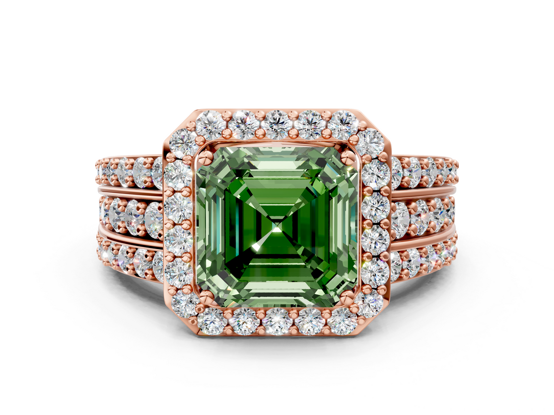 Rose gold Fancy Green Asscher -Cut Halo Diamond Ring with Split Shank and Four-Prong Setting_17