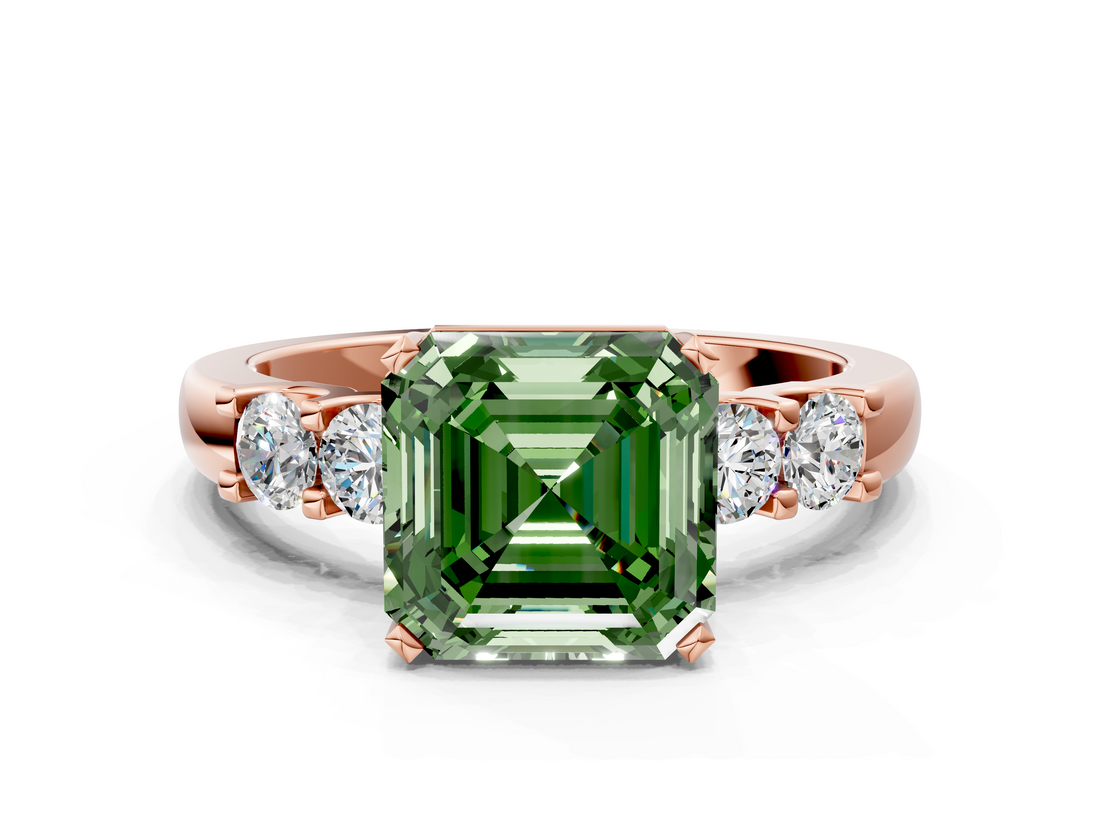 Rose gold Fancy Green Asscher  Brilliant Cut Diamond Five-Stone Prong Set Engagement Ring with Channel Band_17