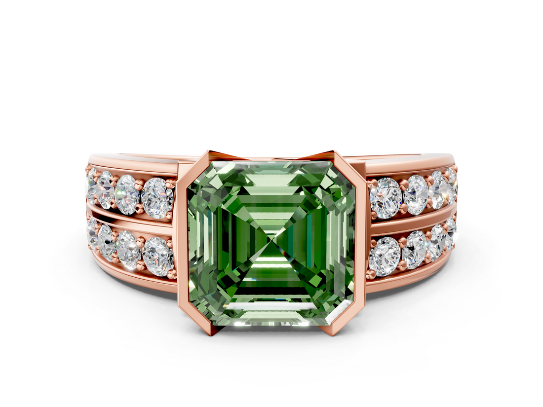 Rose gold Fancy Green Asscher  Brilliant Diamond Channel Set Wide Band Ring with Bezel Setting