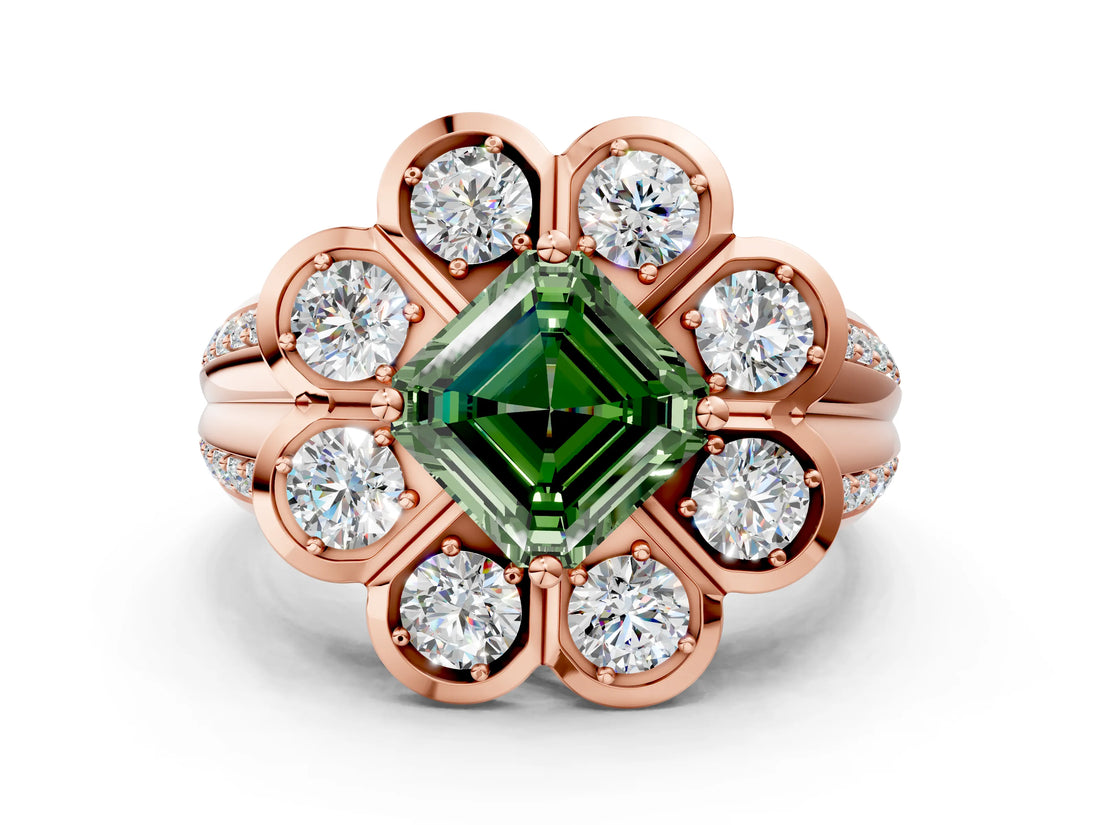 Rose gold Fancy Green Asscher  Brilliant Flower Halo Diamond Split Shank Ring_29