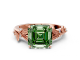 Rose gold Fancy Green Asscher  Brilliant Solitaire with Leaf Motif Band and Four-Prong Setting