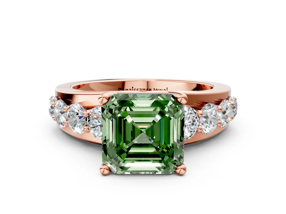 Rose gold Fancy Green Asscher  Brilliant Solitaire with Side Stones on a Pave Band and Four-Prong Setting_24