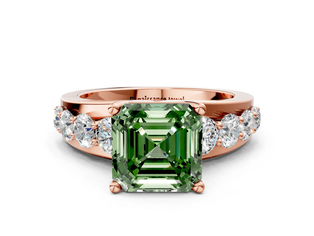 Rose gold Fancy Green Asscher  Brilliant Solitaire with Side Stones on a Pave Band and Four-Prong Setting_28