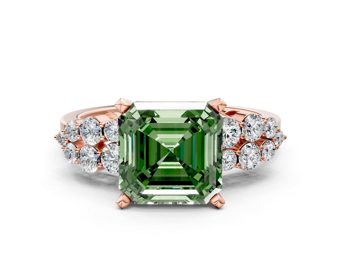 Rose gold Fancy Green Asscher  Cluster Diamond Engagement Ring with Pavé Band and Four-Prong Setting_17