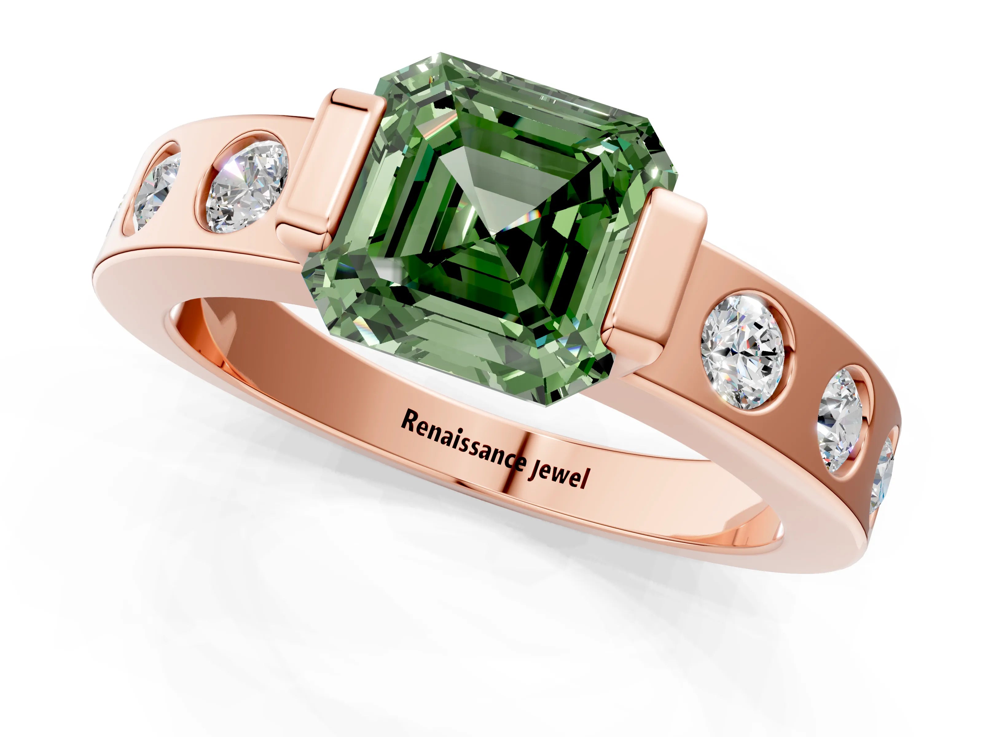 Rose gold Fancy Green Asscher Cut Brilliant Channel-Set Diamond Ring with Bezel Prong Setting_1