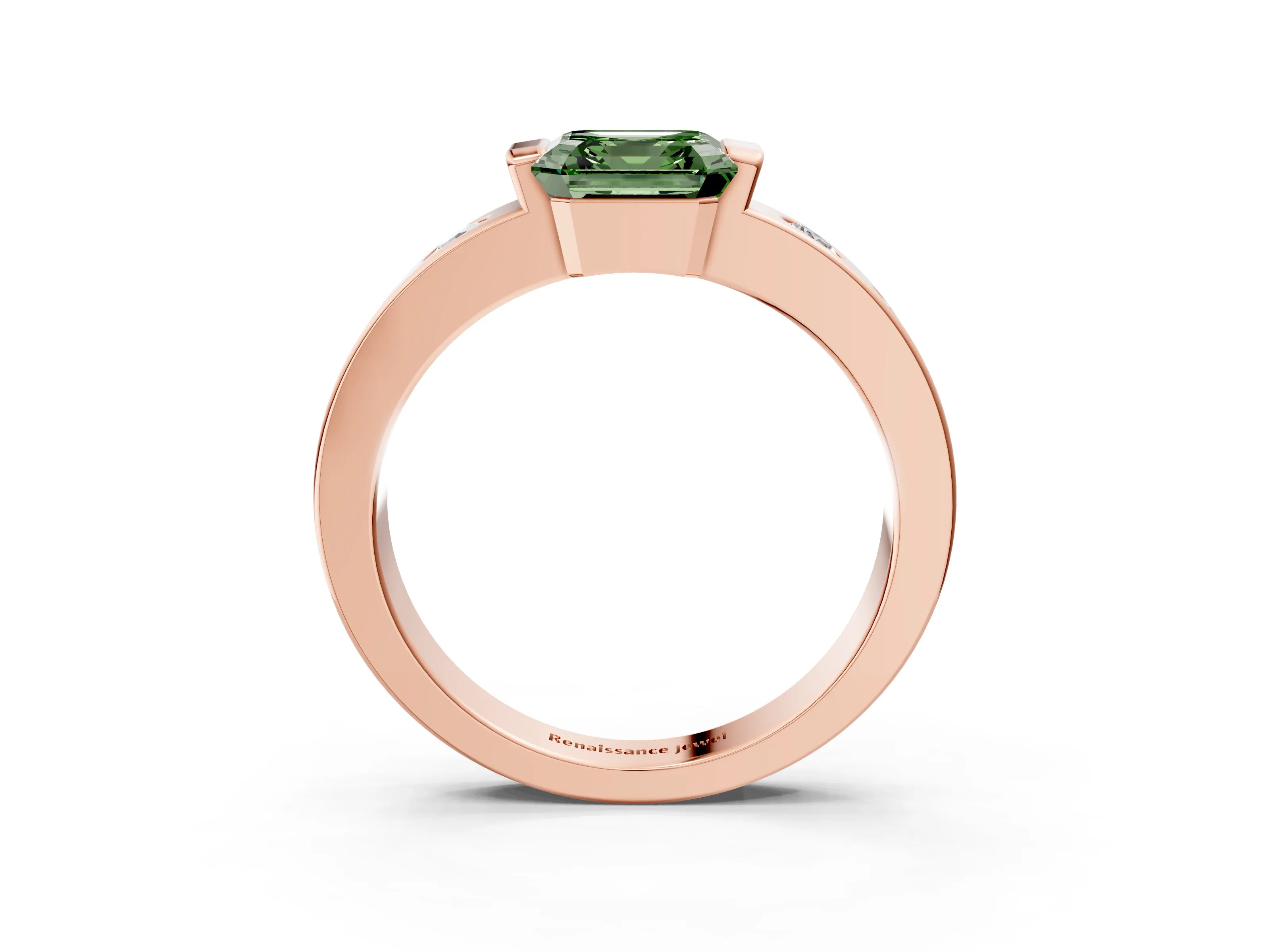 Rose gold Fancy Green Asscher Cut Brilliant Channel-Set Diamond Ring with Bezel Prong Setting_3