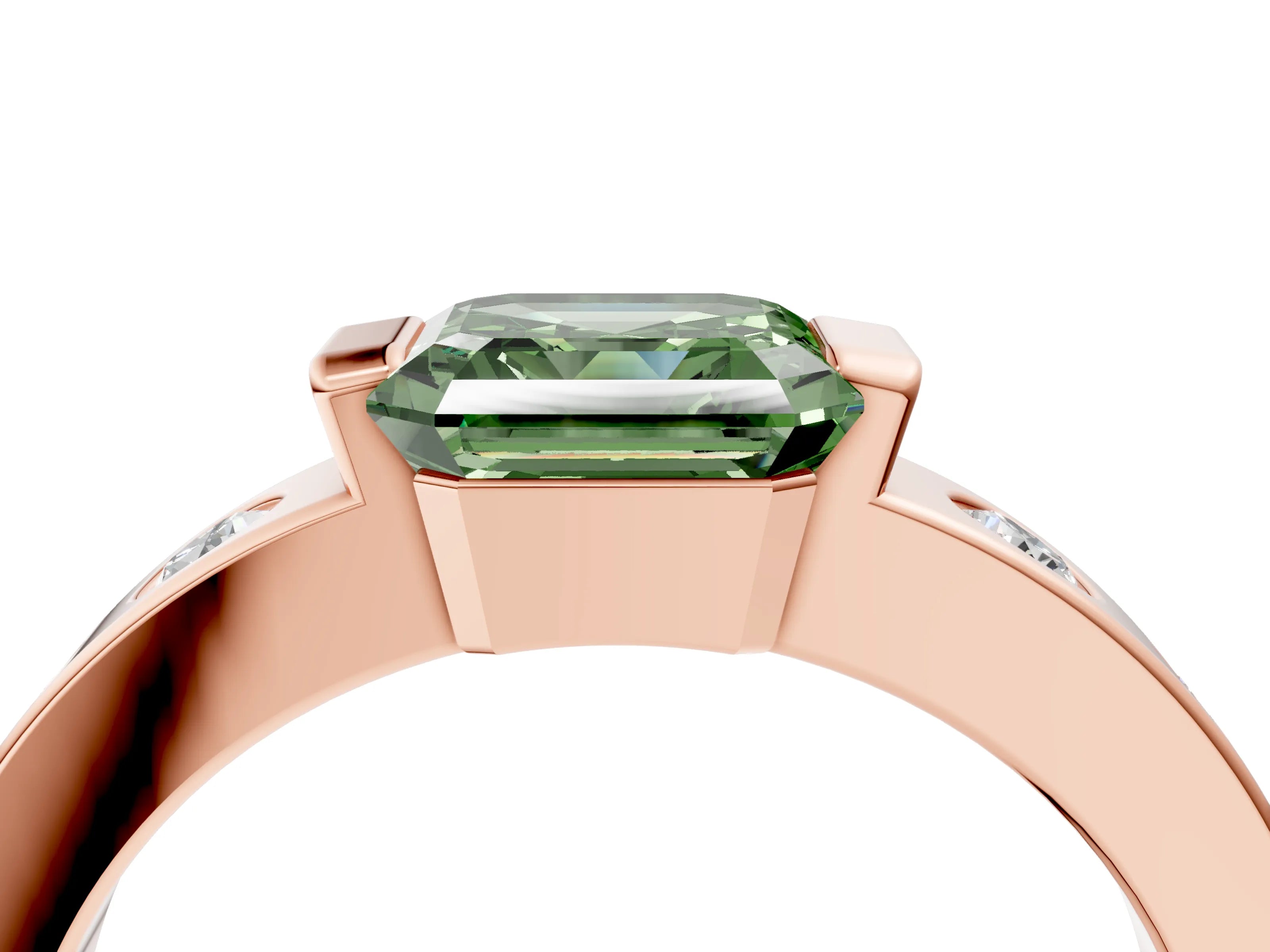 Rose gold Fancy Green Asscher Cut Brilliant Channel-Set Diamond Ring with Bezel Prong Setting_4