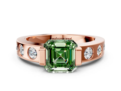 Rose gold Fancy Green Asscher Cut Brilliant Channel-Set Diamond Ring with Bezel Prong Setting