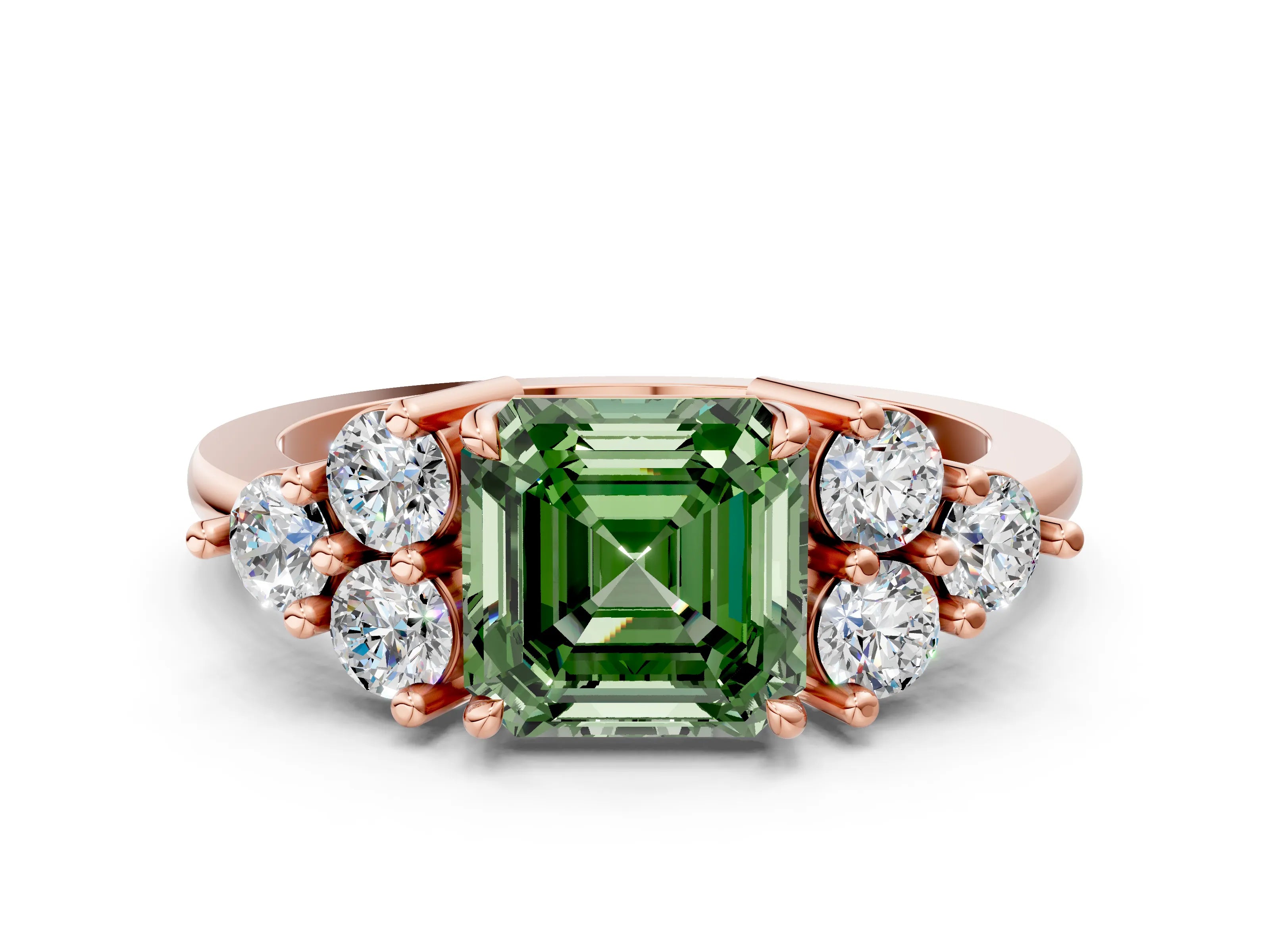 Rose gold Fancy Green Asscher Cut Brilliant Diamond Cluster Accent Solitaire Ring with Prong Setting