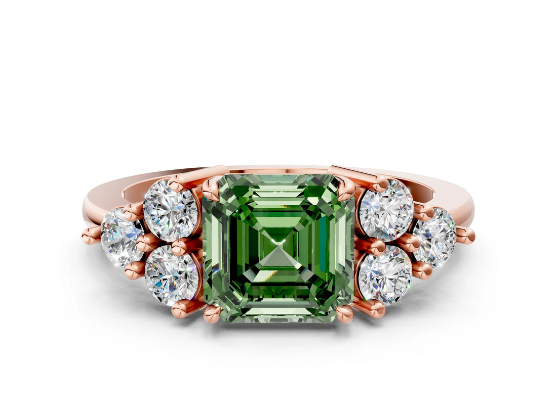 Rose gold Fancy Green Asscher Cut Brilliant Diamond Cluster Accent Solitaire Ring with Prong Setting