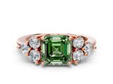 Rose gold Fancy Green Asscher Cut Brilliant Diamond Cluster Accent Solitaire Ring with Prong Setting