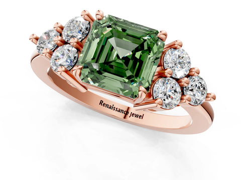 Rose gold Fancy Green Asscher Cut Brilliant Diamond Cluster Accent Solitaire Ring with Prong Setting_1