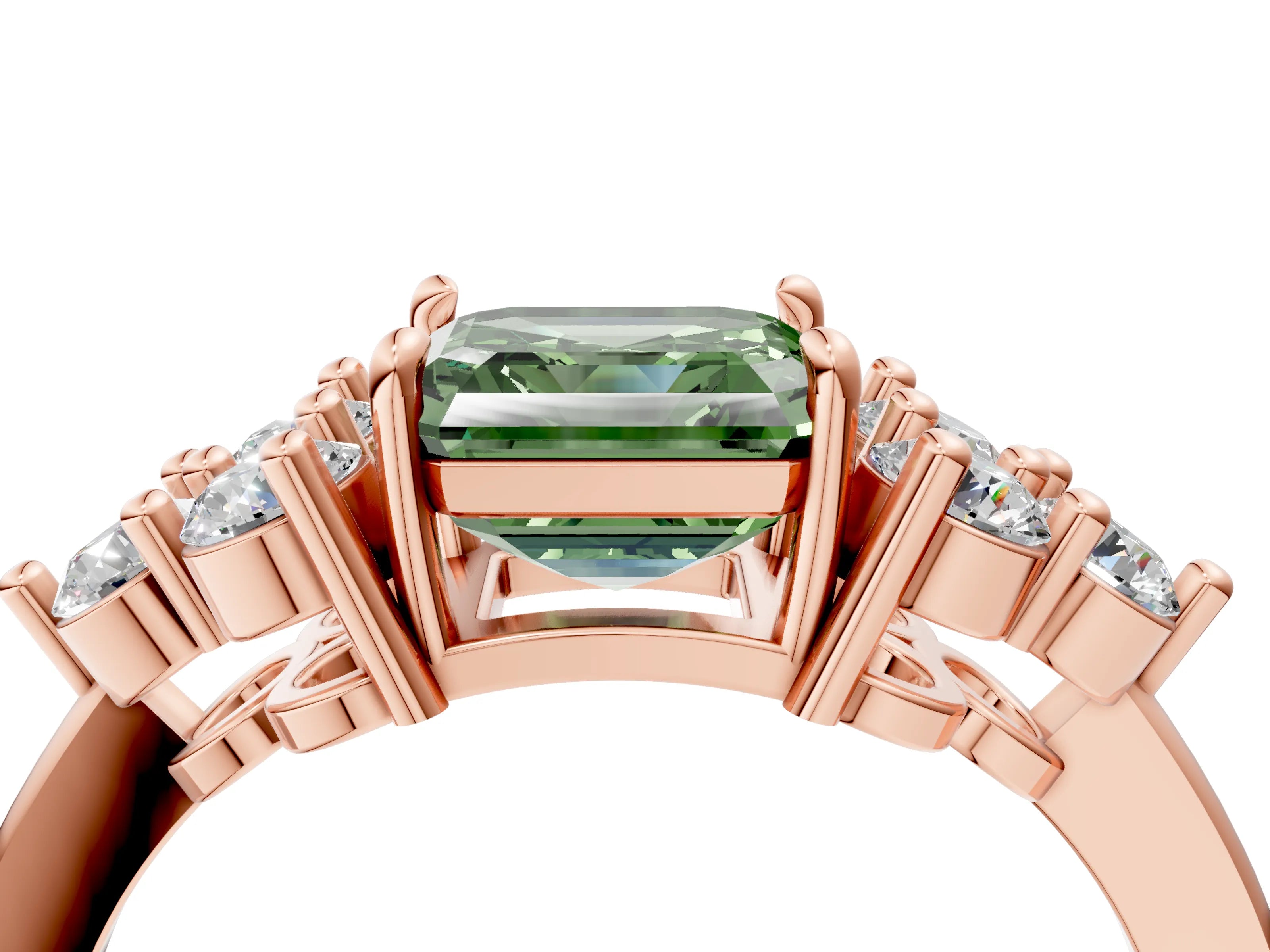 Rose gold Fancy Green Asscher Cut Brilliant Diamond Cluster Accent Solitaire Ring with Prong Setting_4