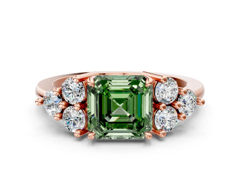 Rose gold Fancy Green Asscher Cut Brilliant Diamond Cluster Accent Solitaire Ring with Prong Setting