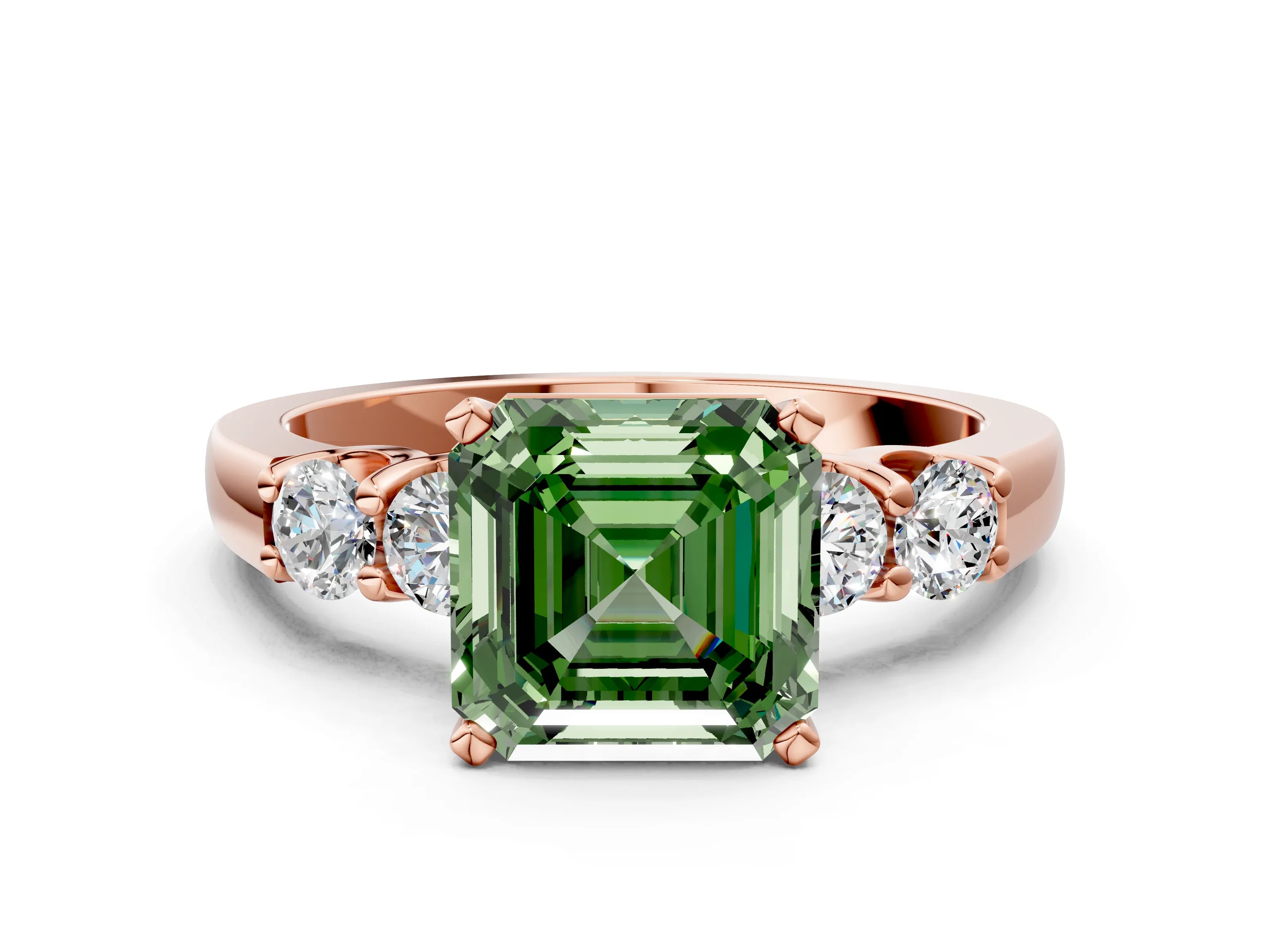 Rose gold Fancy Green Asscher Cut Brilliant Diamond Five-Stone Engagement Ring with Prong Setting on a Classic Band_3