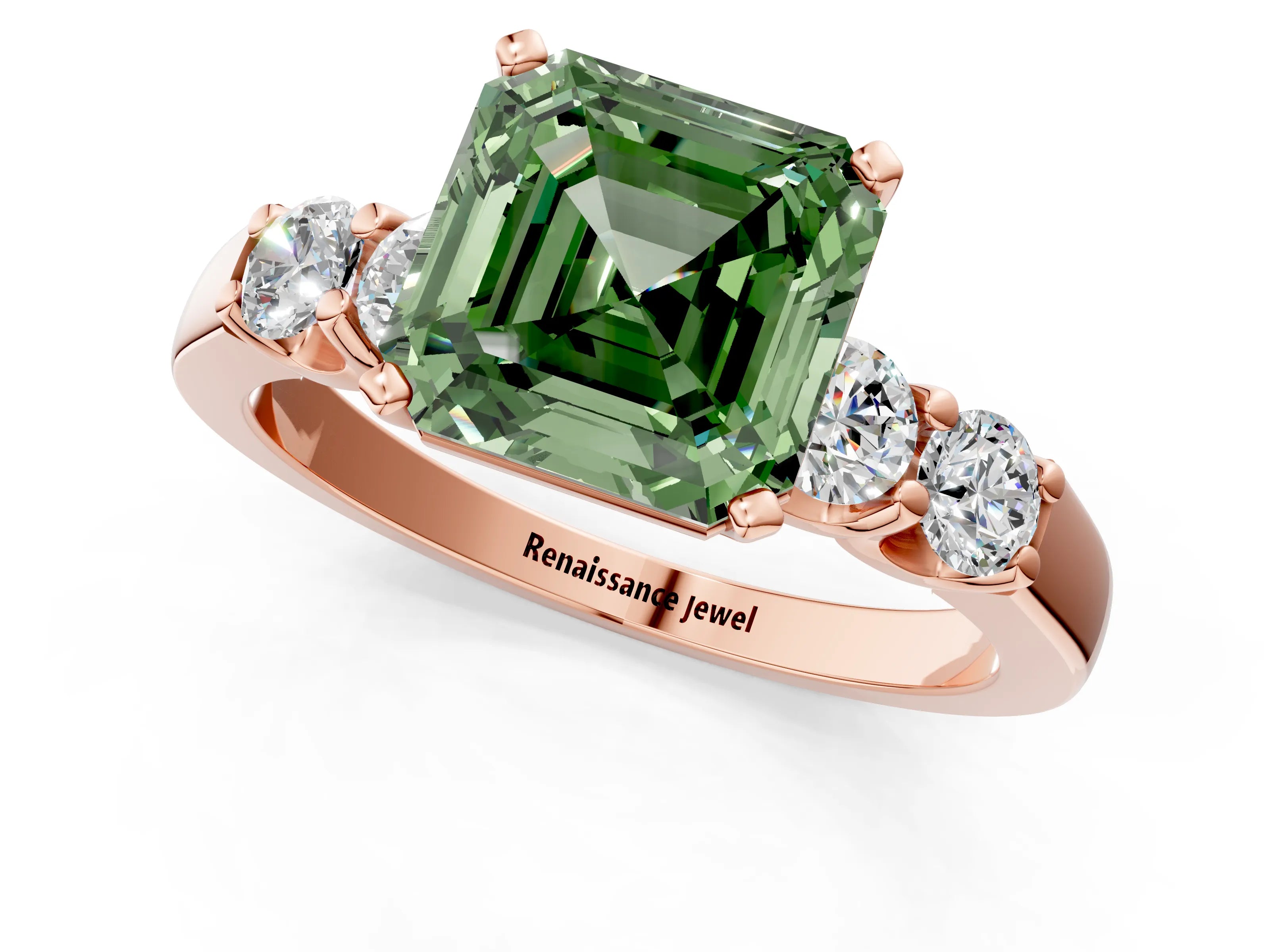 Rose gold Fancy Green Asscher Cut Brilliant Diamond Five-Stone Engagement Ring with Prong Setting on a Classic Band_4