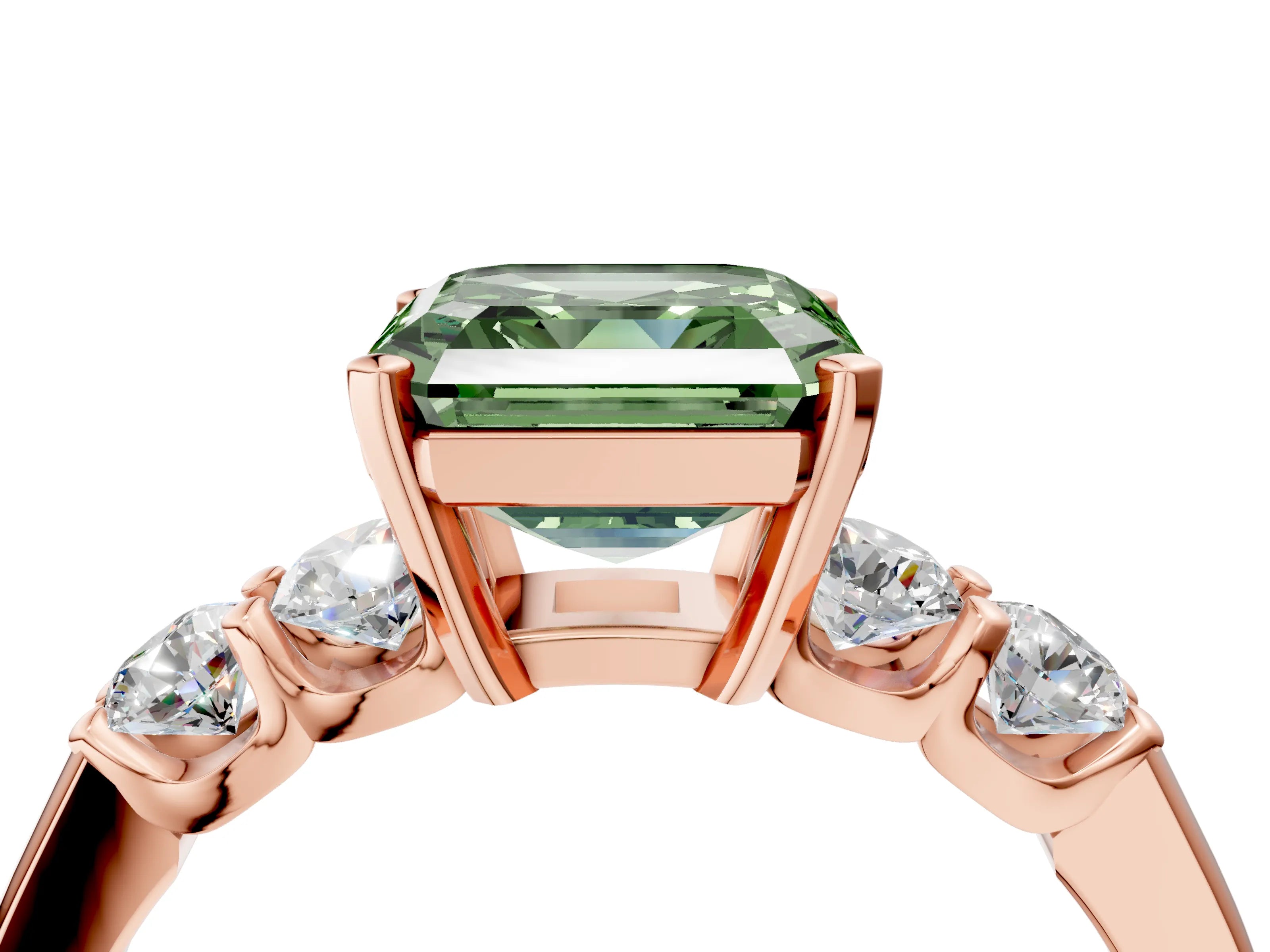 Rose gold Fancy Green Asscher Cut Brilliant Diamond Five-Stone Engagement Ring with Prong Setting on a Classic Band_7