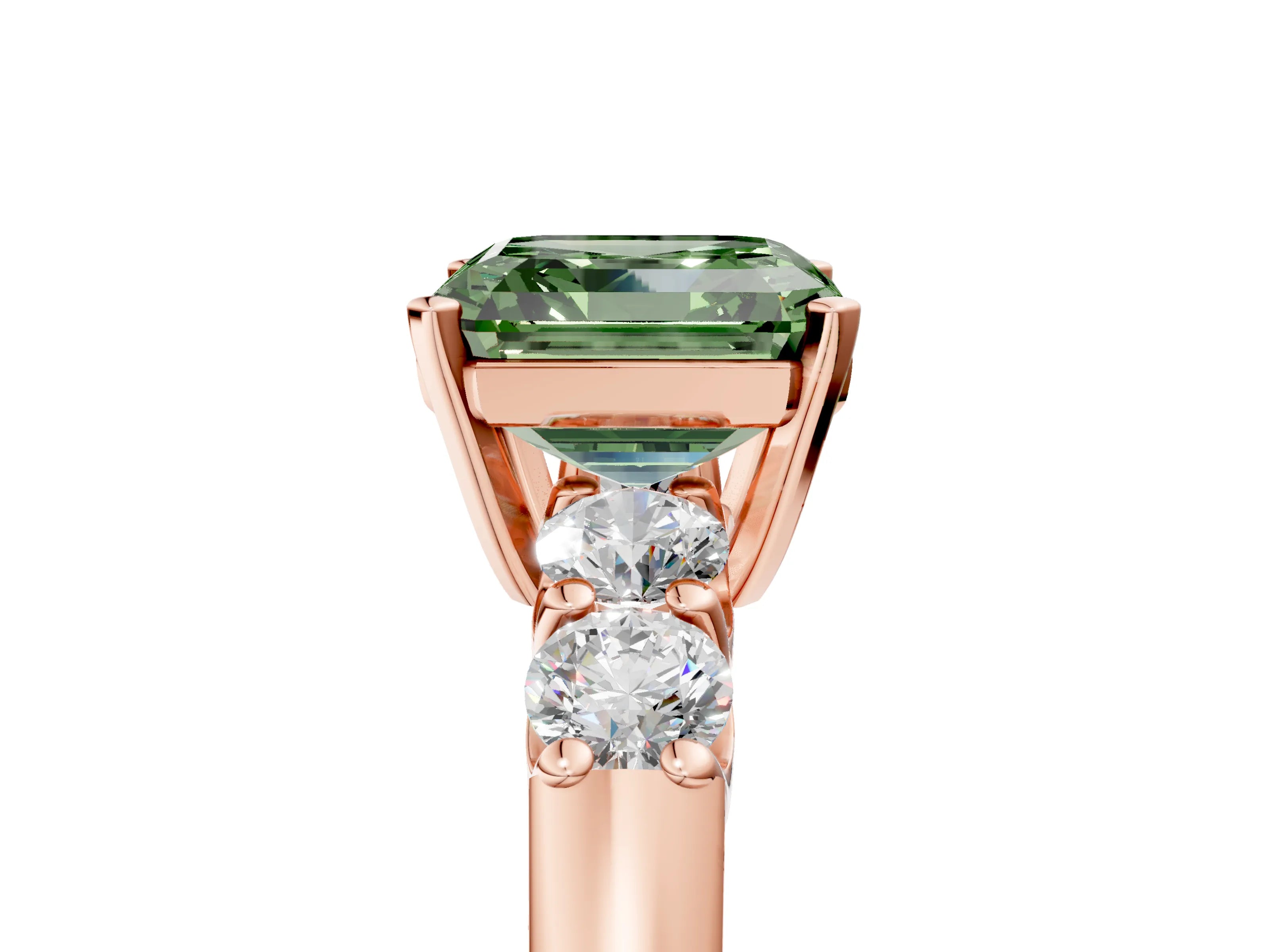 Rose gold Fancy Green Asscher Cut Brilliant Diamond Five-Stone Engagement Ring with Prong Setting on a Classic Band_8