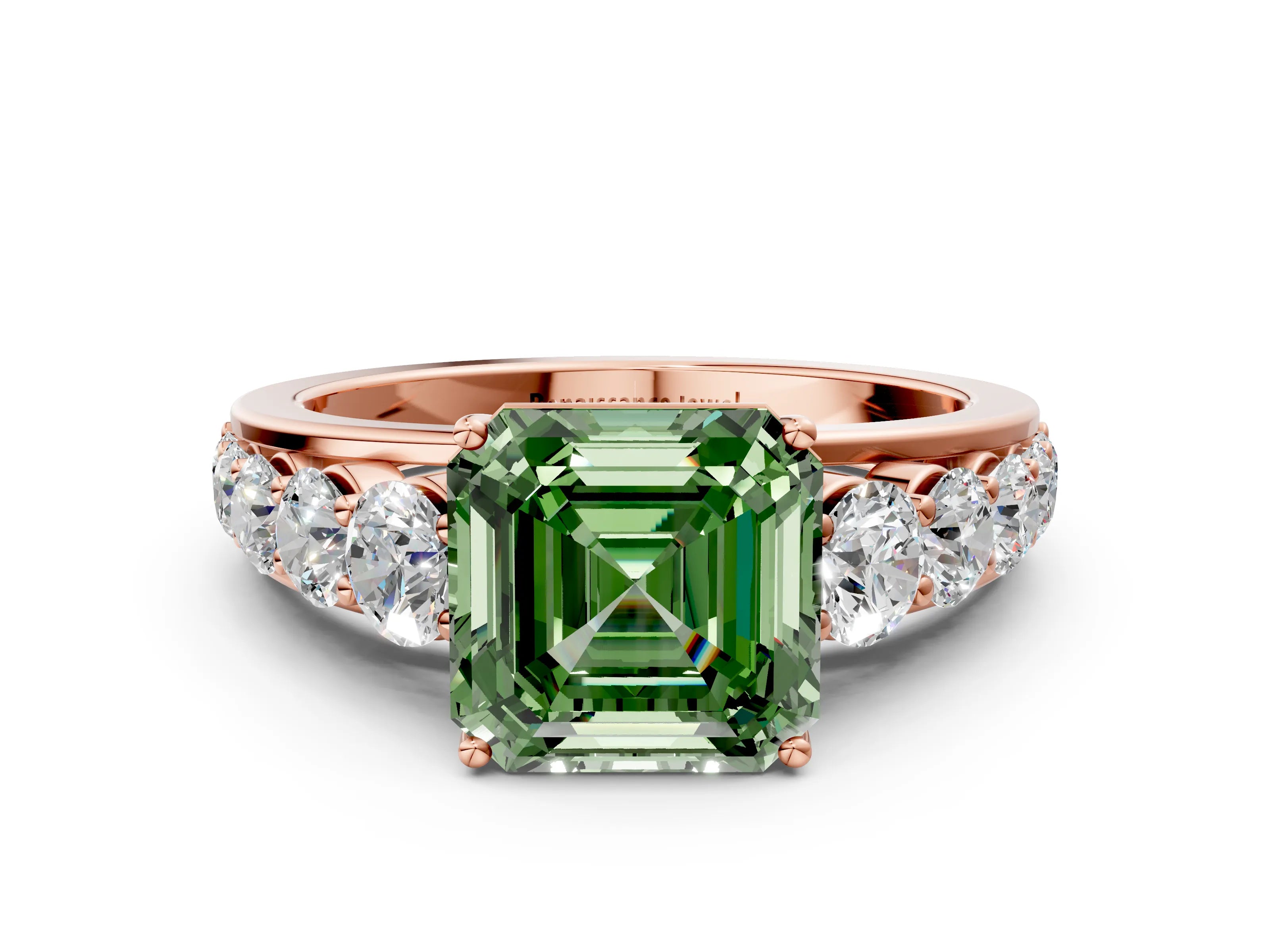 Rose gold Fancy Green Asscher Cut Brilliant Diamond Pavé Band with Six-Prong Setting