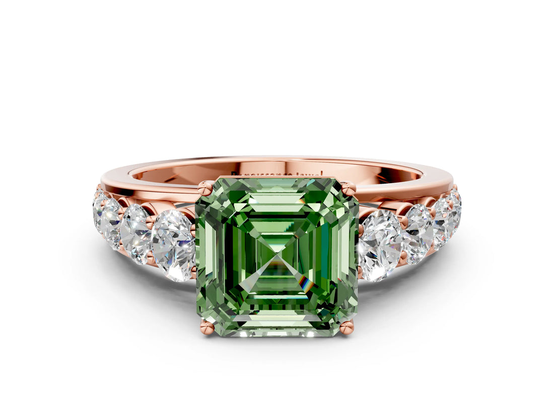 Rose gold Fancy Green Asscher Cut Brilliant Diamond Pavé Band with Six-Prong Setting