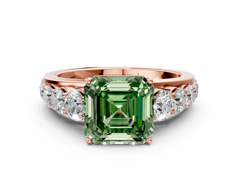 Rose gold Fancy Green Asscher Cut Brilliant Diamond Pavé Band with Six-Prong Setting