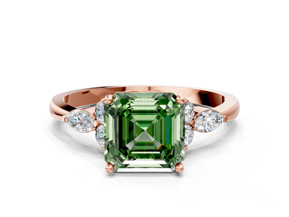 Rose gold Fancy Green Asscher Cut Brilliant Diamond Solitaire Ring with Pear Side Stones and Four-Prong Setting_3