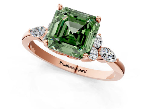 Rose gold Fancy Green Asscher Cut Brilliant Diamond Solitaire Ring with Pear Side Stones and Four-Prong Setting_4