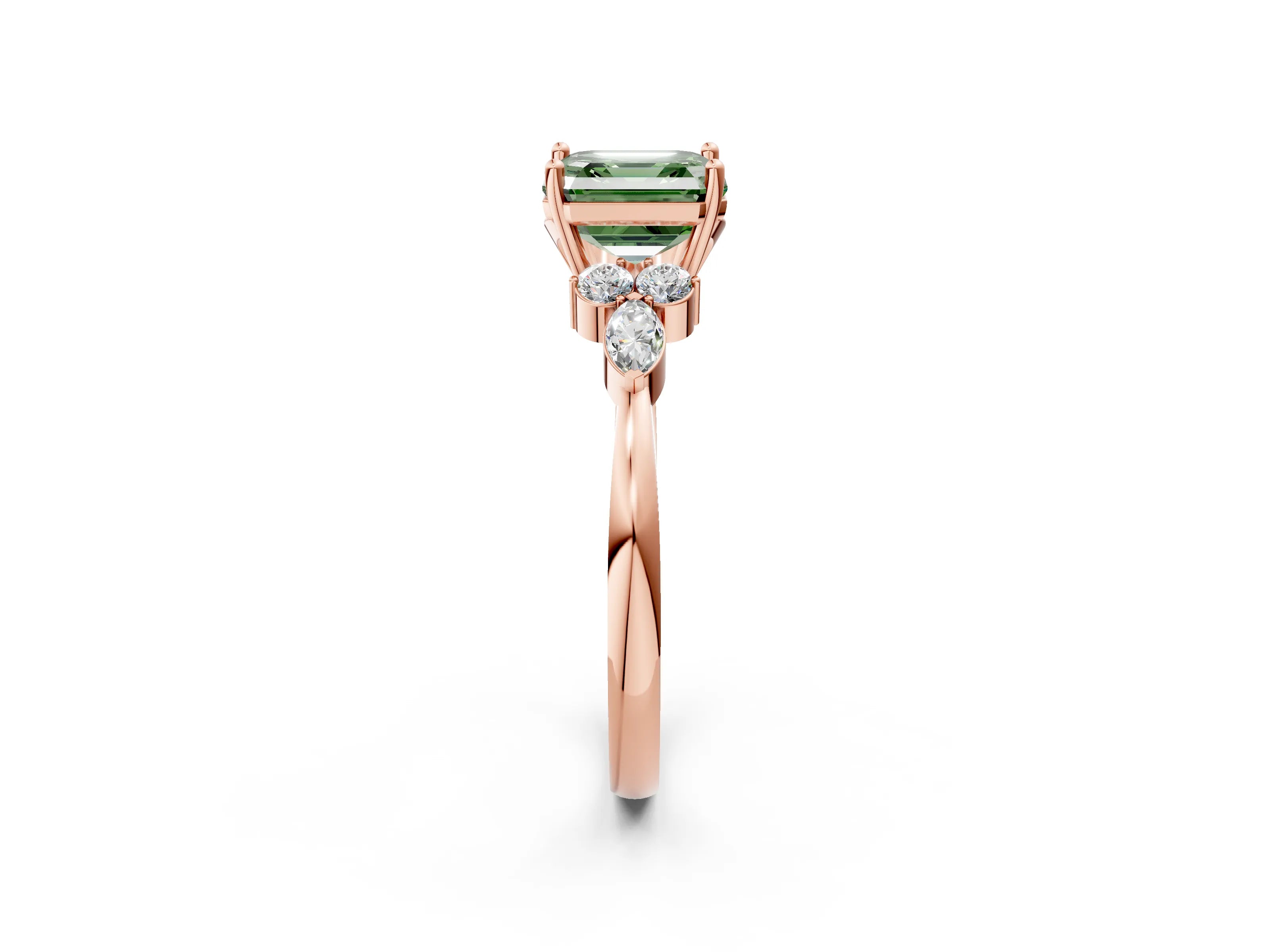 Rose gold Fancy Green Asscher Cut Brilliant Diamond Solitaire Ring with Pear Side Stones and Four-Prong Setting_5