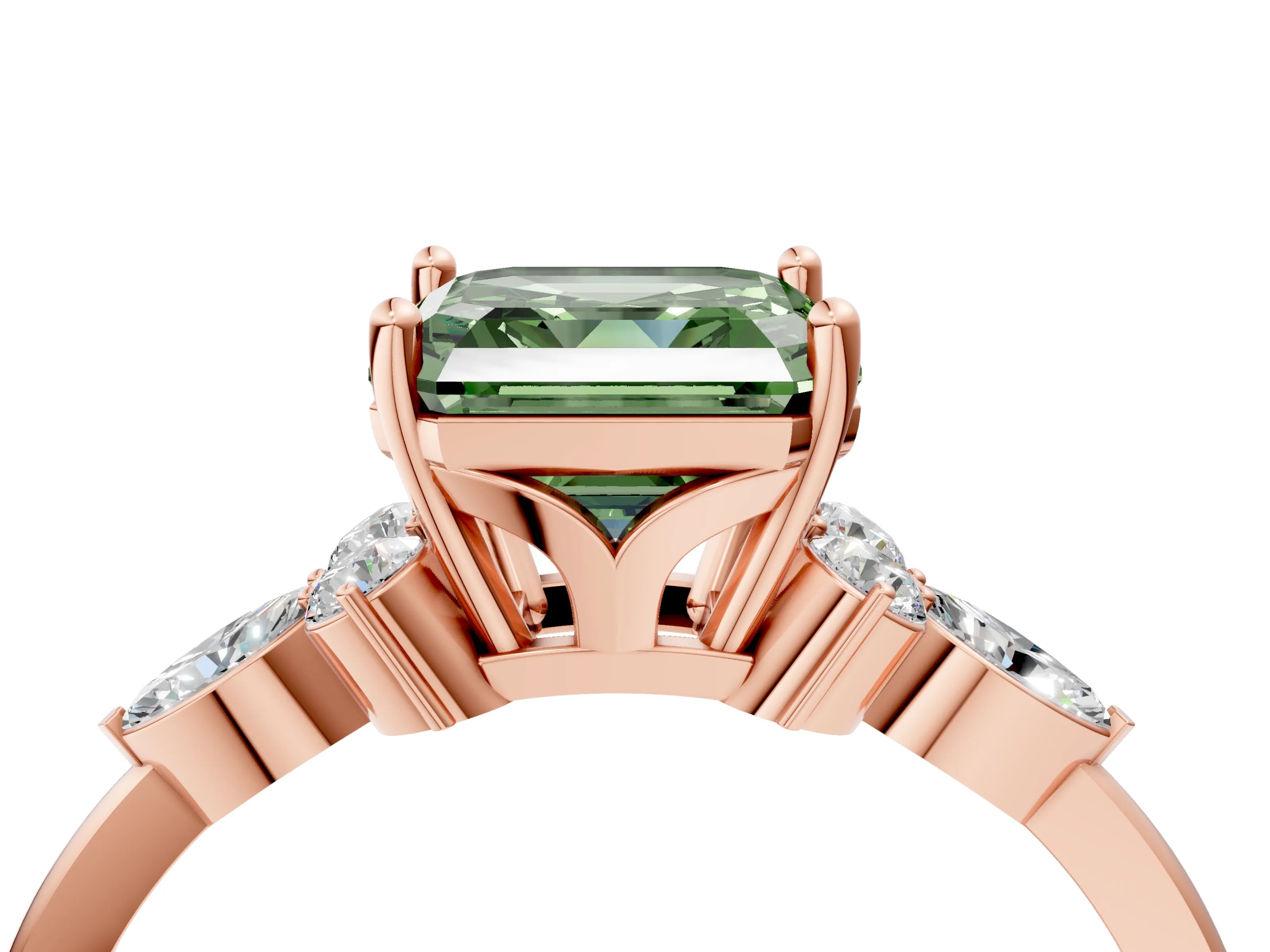 Rose gold Fancy Green Asscher Cut Brilliant Diamond Solitaire Ring with Pear Side Stones and Four-Prong Setting_7