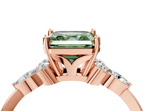 Rose gold Fancy Green Asscher Cut Brilliant Diamond Solitaire Ring with Pear Side Stones and Four-Prong Setting_7
