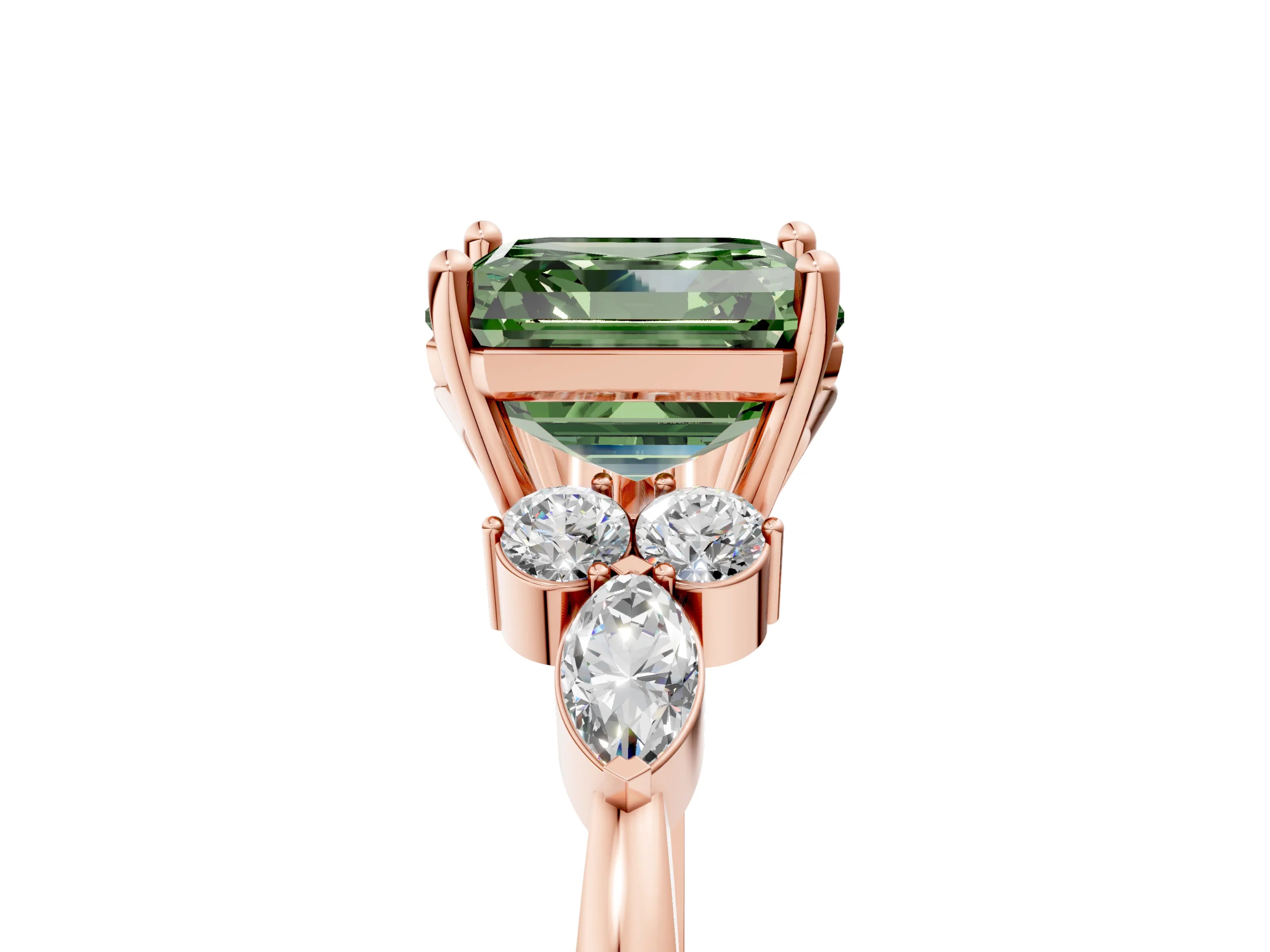 Rose gold Fancy Green Asscher Cut Brilliant Diamond Solitaire Ring with Pear Side Stones and Four-Prong Setting_8