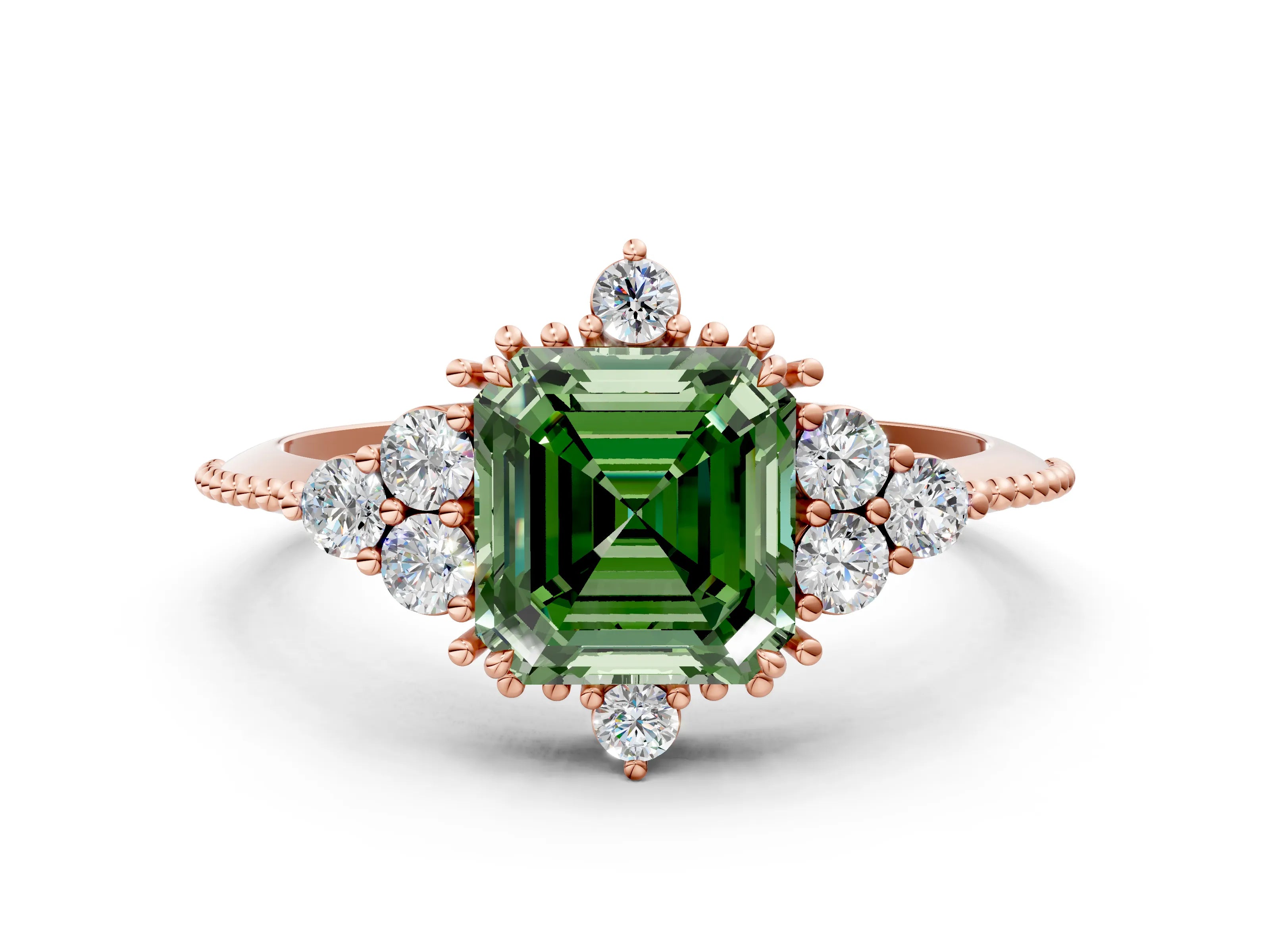Rose gold Fancy Green Asscher Cut Brilliant Diamond with Cluster Setting on a Beaded Band and Four-Prong Setting