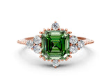 Rose gold Fancy Green Asscher Cut Brilliant Diamond with Cluster Setting on a Beaded Band and Four-Prong Setting