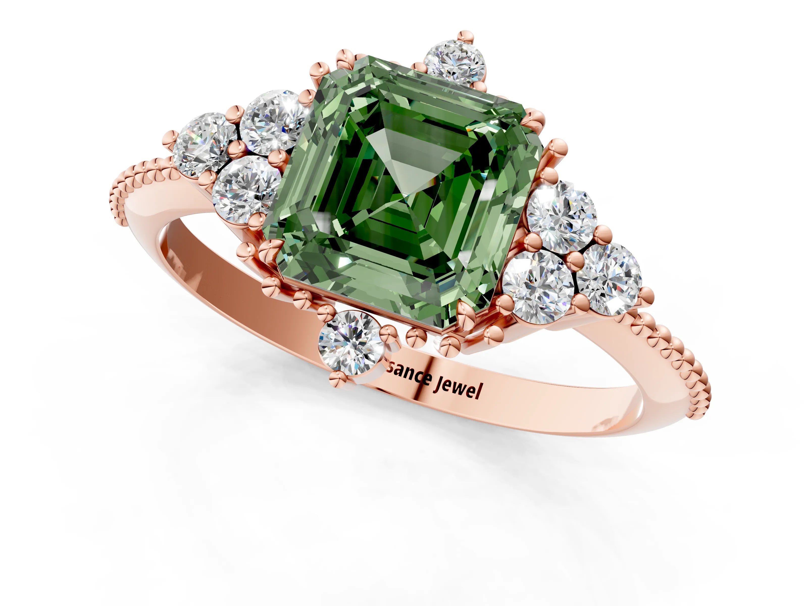 Rose gold Fancy Green Asscher Cut Brilliant Diamond with Cluster Setting on a Beaded Band and Four-Prong Setting_1