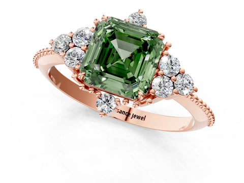 Rose gold Fancy Green Asscher Cut Brilliant Diamond with Cluster Setting on a Beaded Band and Four-Prong Setting_1