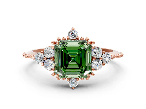 Rose gold Fancy Green Asscher Cut Brilliant Diamond with Cluster Setting on a Beaded Band and Four-Prong Setting