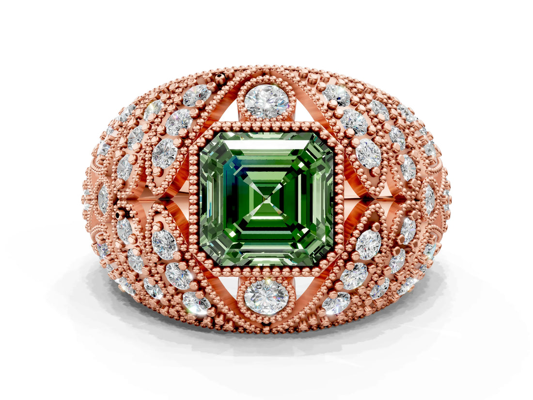 Rose gold Fancy Green Asscher Cut Brilliant Halo Pave Diamond Milgrain Ring