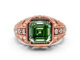Rose gold Fancy Green Asscher Cut Brilliant Milgrain Filigree Diamond Ring with Square Prong Setting