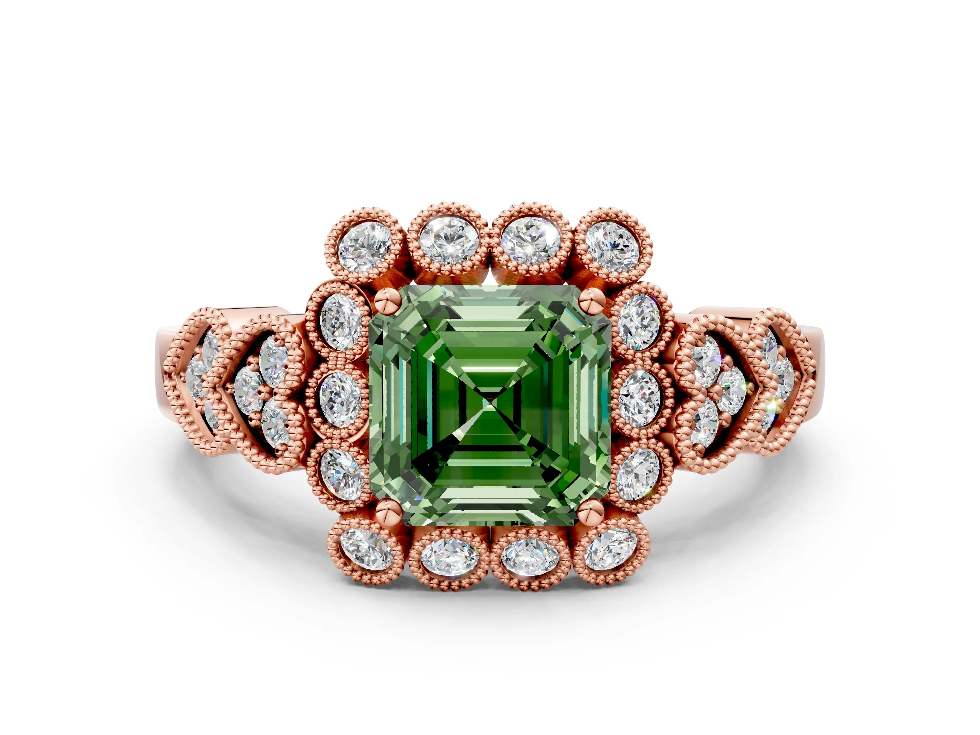 Rose gold Fancy Green Asscher Cut Brilliant Milgrain Pave Heart Band Solitaire Ring