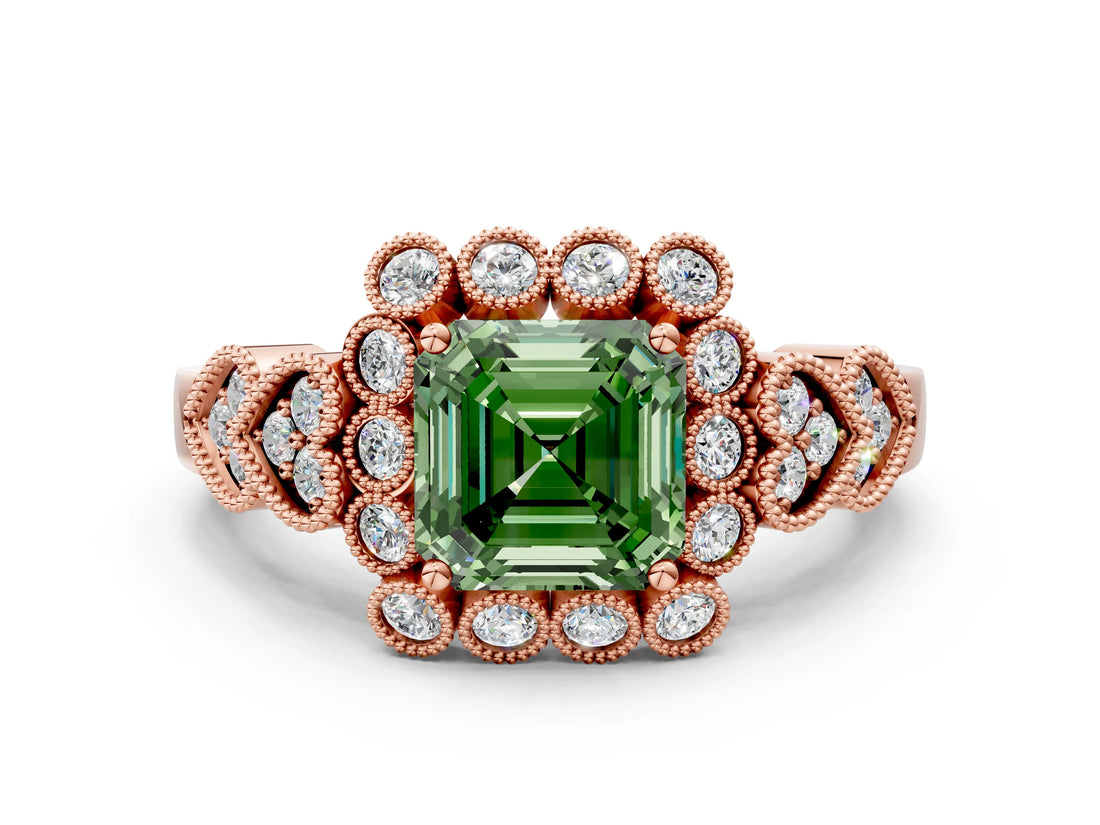 Rose gold Fancy Green Asscher Cut Brilliant Milgrain Pave Heart Band Solitaire Ring