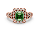 Rose gold Fancy Green Asscher Cut Brilliant Milgrain Pave Heart Band Solitaire Ring