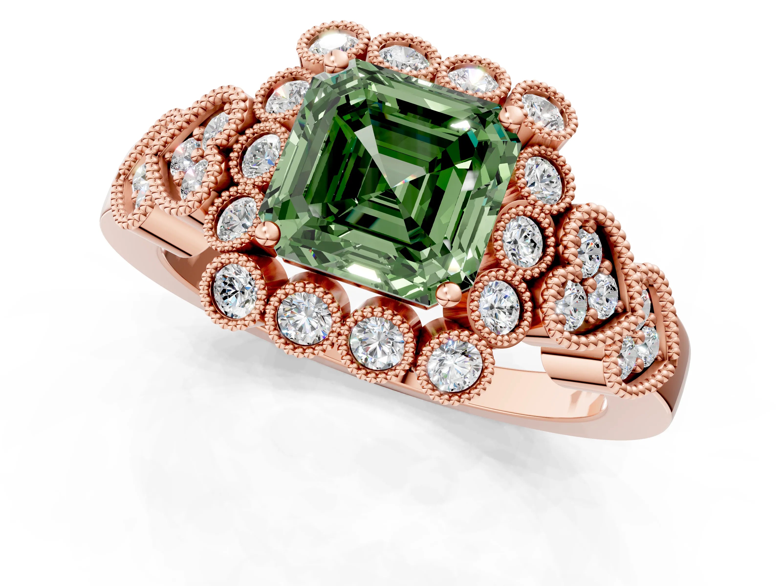 Rose gold Fancy Green Asscher Cut Brilliant Milgrain Pave Heart Band Solitaire Ring_1