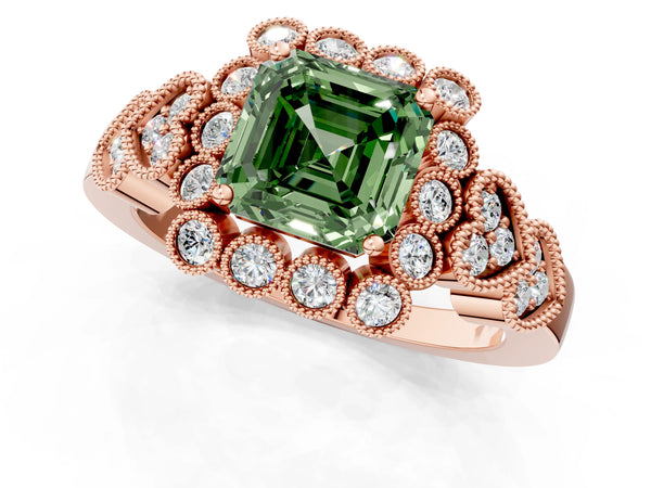 Rose Gold Asscher Cut Milgrain Halo Engagement Ring Setting for Fancy Green Center