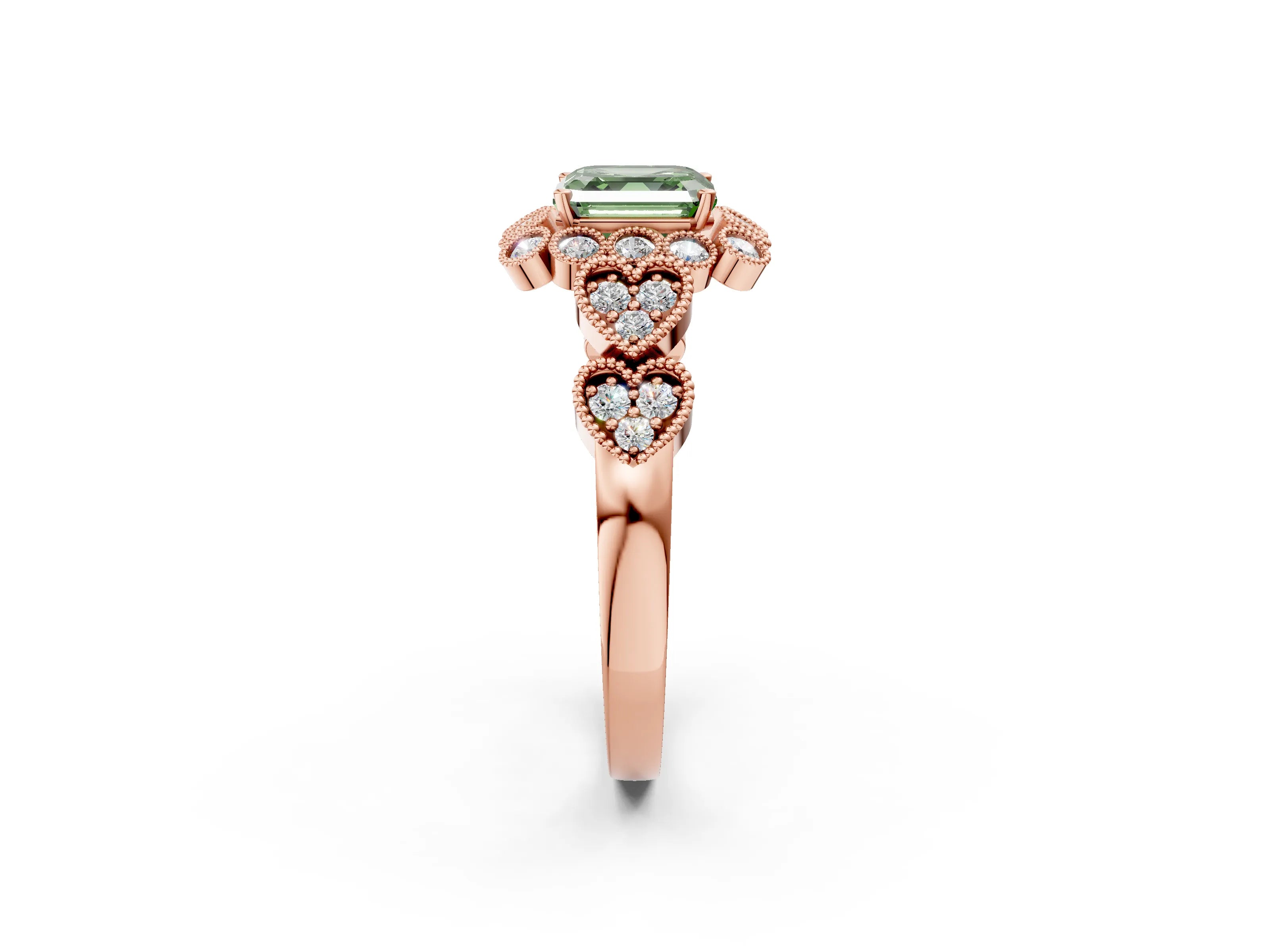 Rose gold Fancy Green Asscher Cut Brilliant Milgrain Pave Heart Band Solitaire Ring_2