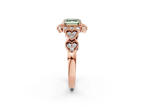 Rose gold Fancy Green Asscher Cut Brilliant Milgrain Pave Heart Band Solitaire Ring_2